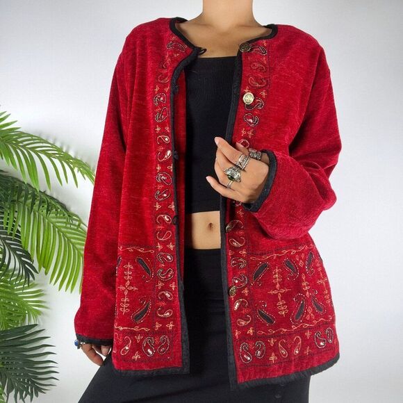 Vintage 90s Red Paisley Embroidered Fairy Grunge Bohemian Oversized Jacket / L - Picture 4 of 7